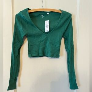 Pac Sun Women's Green Ribbed Long Sleeve Top